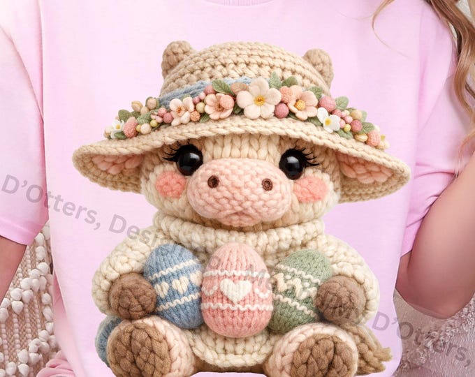 Chunky Knit - Easter Highland Cow - Cottage Core, Faux Yarn  PNG Sublimation for T-Shirts, Totes, Mugs, and More. Mommy and Me (Bonus Files)