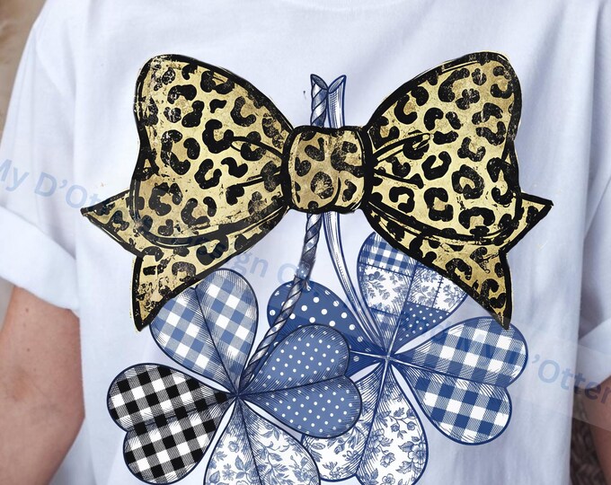 Cottagecore St. Patrick's Day Shamrock Patchwork Design, Trendy Leopard Bow - PNG, Retro St. Patrick's Day Shirt, (Digital Download)