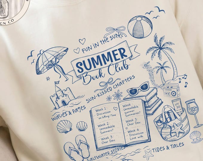 Summer Book Club PNG Sublimation Design, Bookish Doodle T-Shirt Digital Download, Beach Reading Tee, Booktok Bookstagram Book Lover Gift