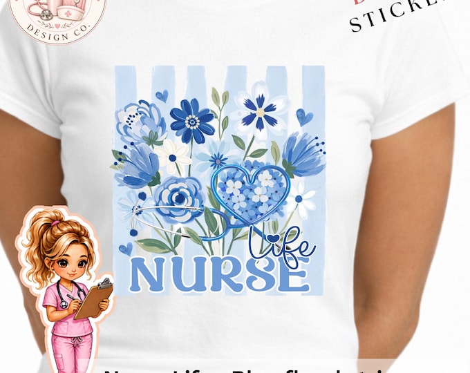 Blue Floral Coquette Nurse Design PNG, Retro Striped Nurse Sublimation, Floral Stethoscope T-Shirt PNG- BONUS Chibi Nurse Stickers