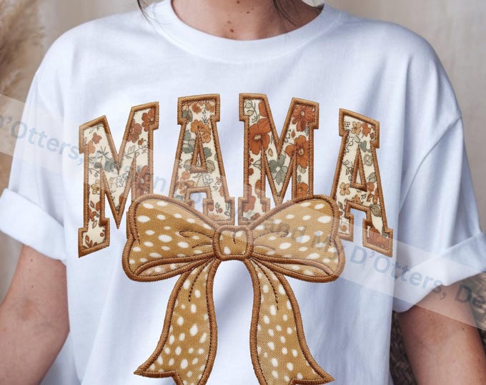 Faux Animal Print MAMA with Coquette Bow- PNG Sublimation | Vintage Floral | Fawn Animal Print Design | Faux Embroidery