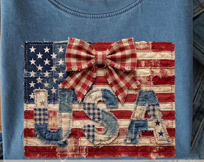 Patchwork USA Flag Shirt PNG, Americana Coquette Bow Design, Quilted Patriotic Sublimation, 4th of July Tee. Bonus - Baseball Mom PNG