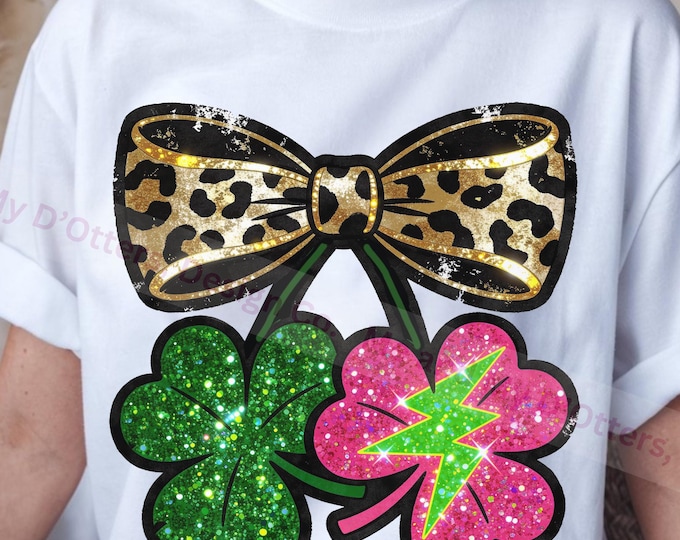 Leopard Shamrock Coquette PNG, St. Patrick's Day Glitter Design (Digital Download)
