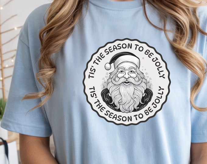 Tis The Season to Be Jolly | Black and White Vintage PNG | Retro Santa Sublimation Design