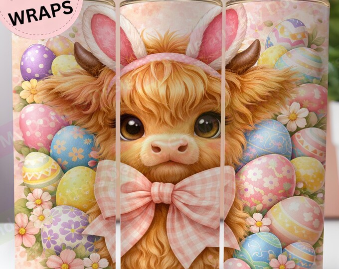 Easter Bunny Highland Cow, PNG Tumbler Wrap. Fun Spring Design (Instant Download) 6 FREE BONUS Wraps