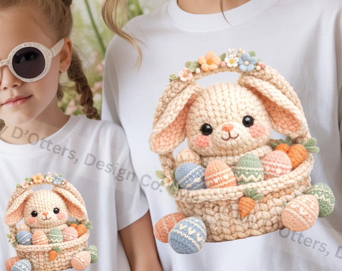 Easter Baby Bunny - Faux Yarn Chunky Knit PNG | Cottagecore Crochet Bunny in a basket - PNG Sublimation for Easter | Mom and Me | BONUS PNGs
