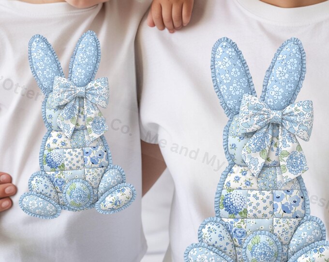 Trendy Coquette Pastel Patchwork Bunny | Faux Quilting | PNG T-Shirt Design (Digital Download) Cute Vintage - Retro Cottagecore Bunny PNG
