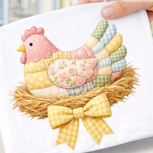 May include: A patchwork hen in a nest, featuring pastel colors and a gingham bow. The hen is made of quilted fabric with pink, yellow, and blue patterns. The nest is made of straw. Text reads: Cottagecore - Grandmacore Pastel Patchwork Hen in Nest.