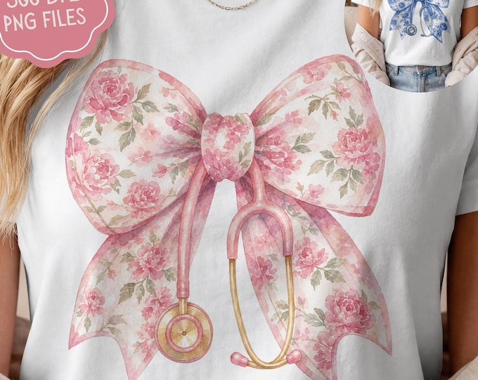 Coquette Stethoscope Bow, Floral Coquette Bow PNG Watercolor PNG Bundle, Girly Nurse Bow PNG Sublimation, Nurse Appreciation Boutique Design