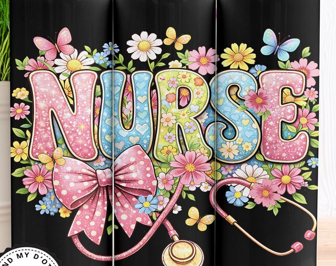 Nurse 20oz Skinny Tumbler Wrap PNG, Coquette-Grannycore. Personalized Nurse Wrap, Floral Coquette Bow with Stethoscope - 6 Bonus Wraps
