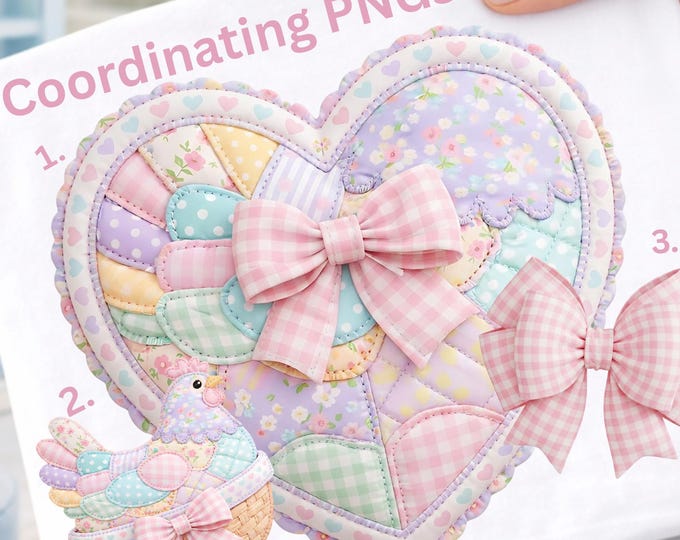 Trendy Pastel, Patchwork Chicken with Pink Coquette Bow | Floral Quilted Patchwork Hen | Cottagecore - Grandmacore PNG Design for T-Shirt