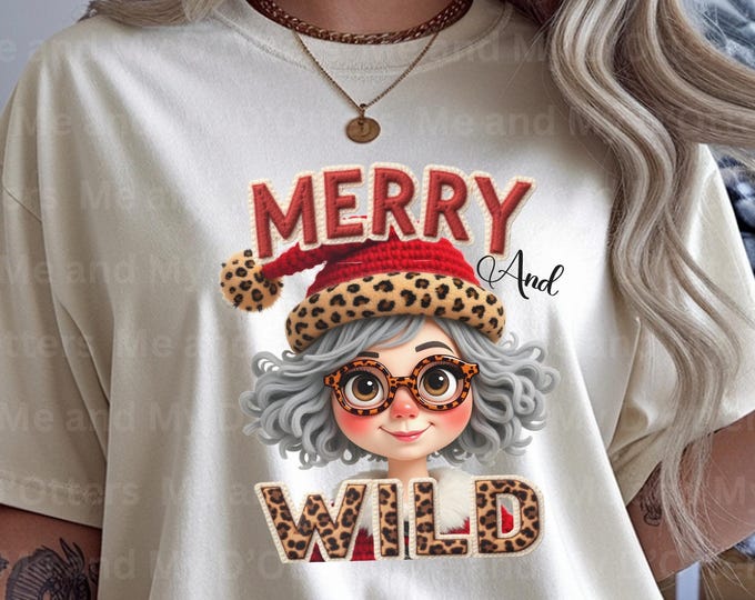 Funny Christmas Old Lady Grandma With Leopard Santa Hat | Retro Holiday PNG for T-Shirts | Sassy Sublimation Design