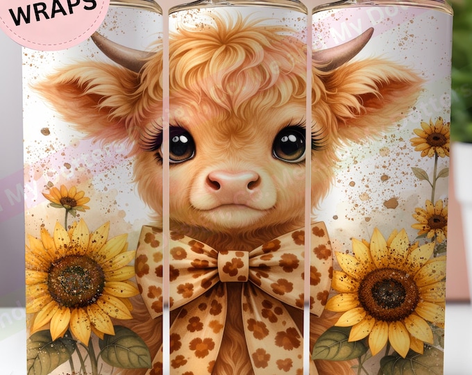 Spring Sunflower Highland Cow, PNG Tumbler Wrap. Cute Coquette Leopard Design (Instant Download) 6 FREE BONUS Wraps