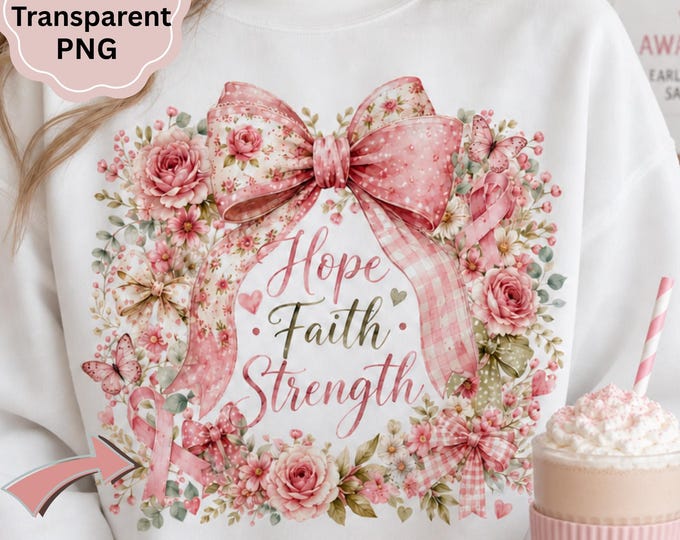 Pink Ribbon Floral Wreath PNG, Coquette Bow Breast Cancer Sublimation Design, Hope Faith Strength Watercolor Boutique File