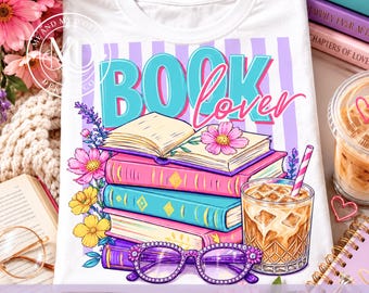 Book Lover PNG, Retro Reader PNG, Book Girl Sublimation T-Shirt Design, Coquette Book Stack Graphic, Reading Lover PNG Download