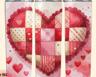 Seamless Quilted Heart Tumbler Wrap | Valentine's Day 20oz Skinny Tumbler (PNG, 4 Bonus Wraps)