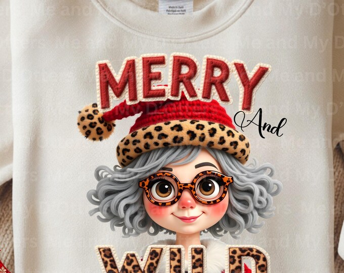 Funny Christmas Old Lady Grandma With Leopard Santa Hat | Retro Holiday PNG for T-Shirts | Sassy Sublimation Design