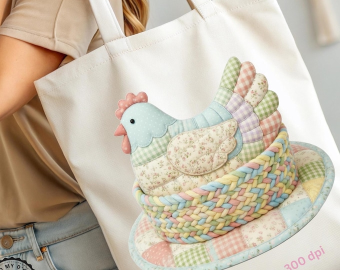 Pastel Patchwork Hen in Basket, Floral Cottagecore Design (PNG Download)