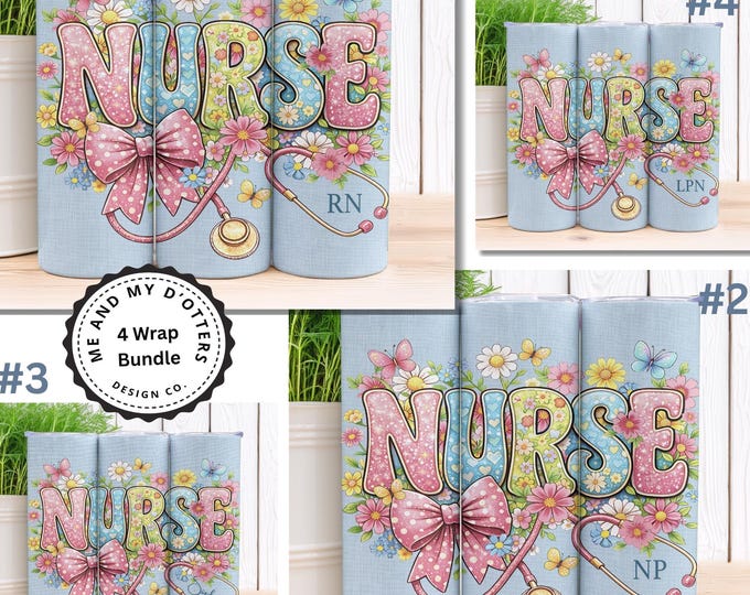 Coquette - Grannycore Nurse Tumbler Wrap Bundle png, RN LPN NP Sublimation, Personalized Nurse Wrap, Floral Bow Stethoscope 20oz Skinny
