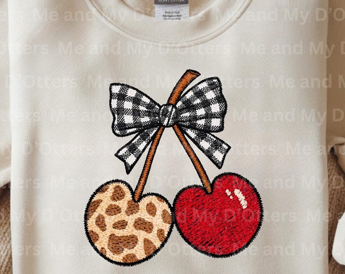 Faux Embroidered Cherries PNG – Leopard & Checkered Bow | Sublimation (Digital Download)