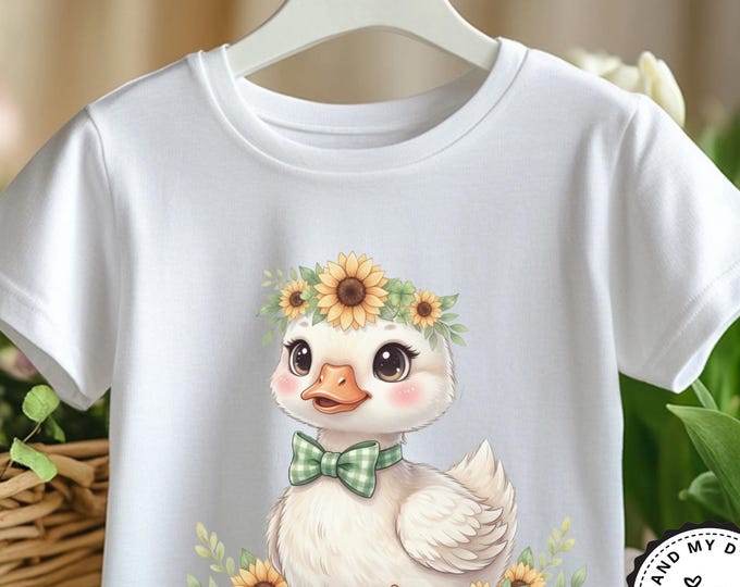Silly Baby Goose PNG Sublimation | Cute Spring Baby Duck with Sunflower Crown Bow | Coquette Farm T-Shirt Design | 15” 300 DPI