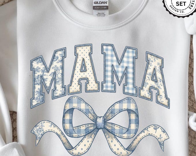 Light Blue Patchwork Mama PNG Sublimation. Coquette T-Shirt Design (Digital Download)