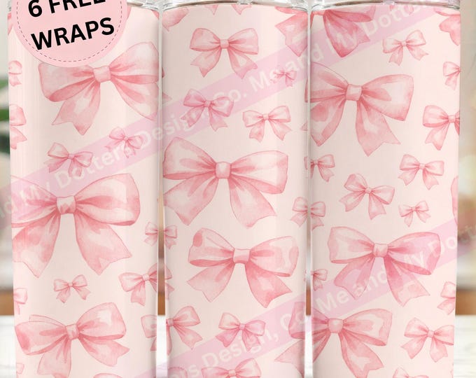 Blush Pink Coquette Bows 20oz Tumbler Sublimation Design, Cottagecore | Balletcore Watercolor Aesthetic - 6 Bonus Wraps