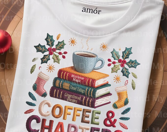 Coffee & Christmas PNG, Faux Embroidery Book Lover Sublimation, Cozy Holiday Reading Doodle Collage Style, Perfect for T-Shirt or Tumbler