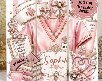 May include: A digital sublimation design for a 20oz skinny tumbler featuring a pink and white striped background with nurse-themed graphics including pink scrubs, a stethoscope, a nurse cap, books, a clipboard, and bows with the name Sophie.
