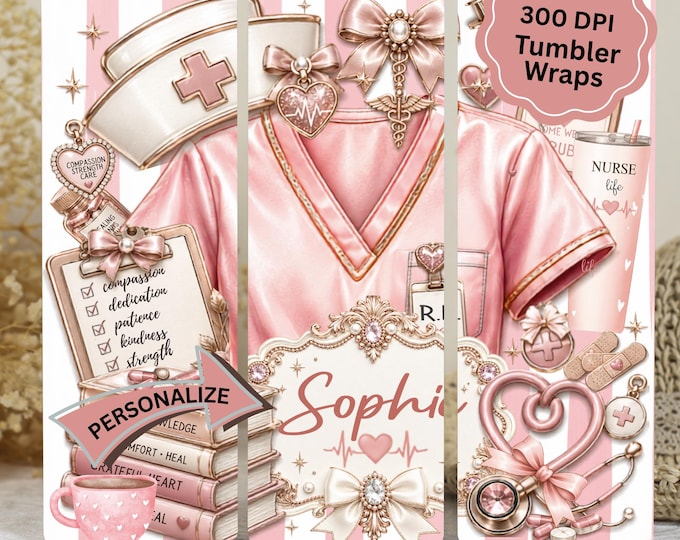 Personalized Nurse PNG Tumbler Design Bundle, Pink Scrubs 20 oz Skinny Tumbler Wrap Sublimations, 20oz Skinny Tumbler Design