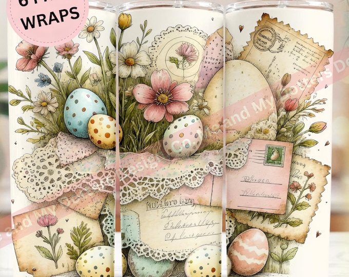 Vintage Easter Basket Tumbler Wrap PNG, Cottagecore Spring Sublimation, Floral Easter Eggs, Coquette Easter Tumbler Design |  6 BONUS Wraps