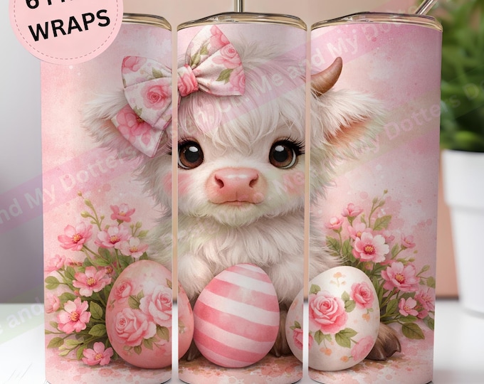 Pretty In Pink - Coquette Highland Cow, PNG Tumbler Wrap. Girly Pink Design (Instant Download) 6 FREE BONUS Wraps