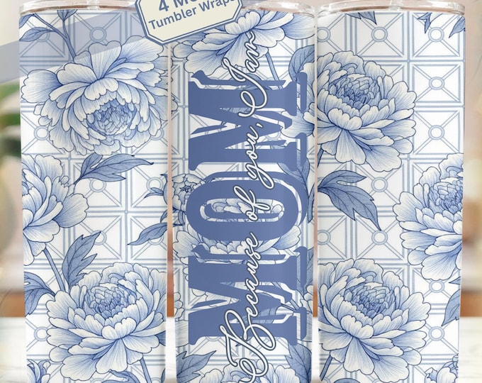 Chinoiserie Mom Tumbler Wrap Bundle, Blue Floral Seamless PNG, Mother’s Day Gift, 20oz Skinny Wraps, Mom Design