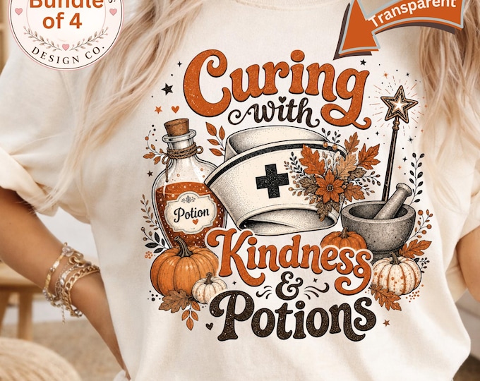 Fall Nurse PNG Bundle, Spooky Nursing Sublimation Design, Curing with Kindness and Potions, 20oz Skinny Tumbler Wrap Instant Download