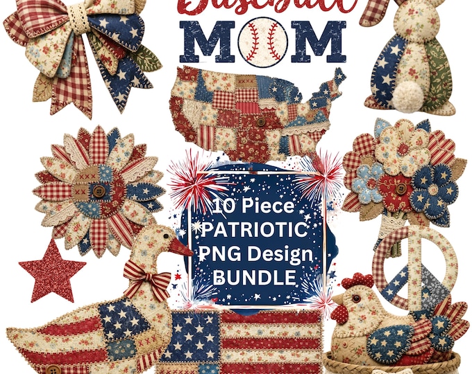 Patriotic PNG Bundle - Vintage Americana Style -Patriotic PNG,  Bundle Faux Patchwork Design (Instant Download) America's 250th
