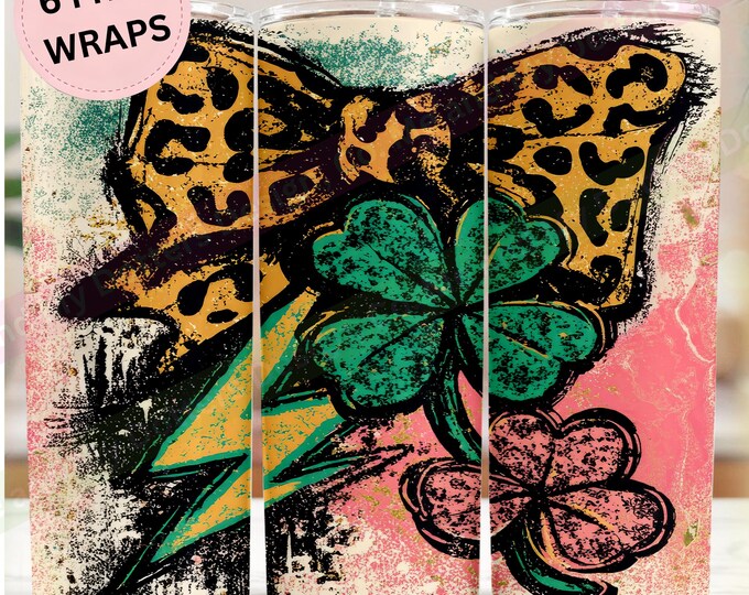 Dopamine St Patricks Day Tumbler Wrap PNG, Leopard Bow Shamrock Lightning Bolt, Hand Drawn Grunge Sublimation Design