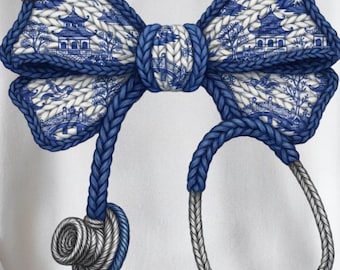 Blue Chinoiserie Bow with Stethoscope PNG | darkt Blue, Medical Sublimation Design | Nurse Doctor Healthcare| Faux Yarn Coquette Bow