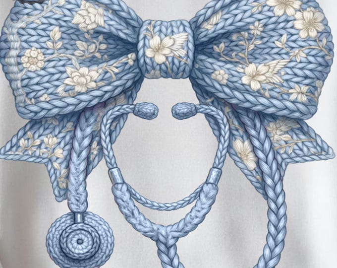 Chinoiserie, Floral Bow with Stethoscope PNG | Light Blue, Medical Sublimation Design | Nurse Doctor Healthcare| Faux Yarn Coquette Bow