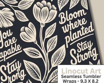 Seamless Floral Tumbler Wrap Bundle – Vintage Linocut Block Print Flowers (Digital Download) Rustic Folkart PNG