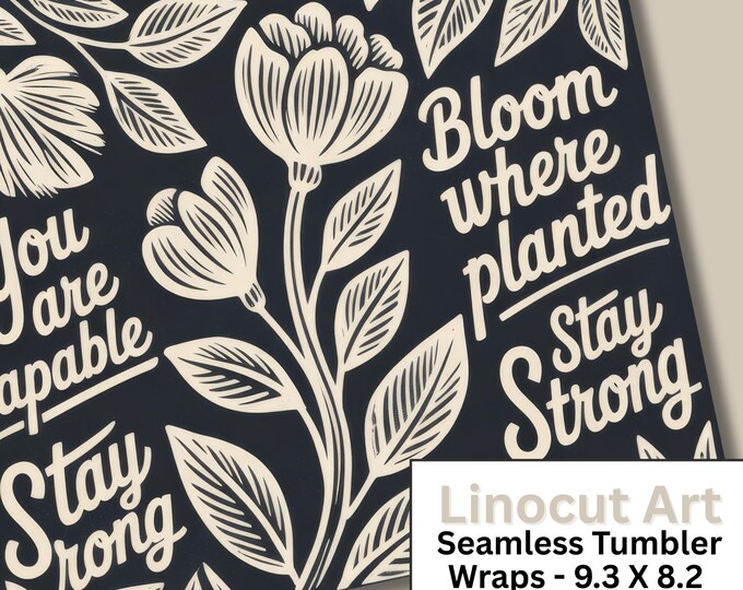 Seamless Floral Tumbler Wrap Bundle – Vintage Linocut Block Print Flowers (Digital Download) Rustic Folkart PNG