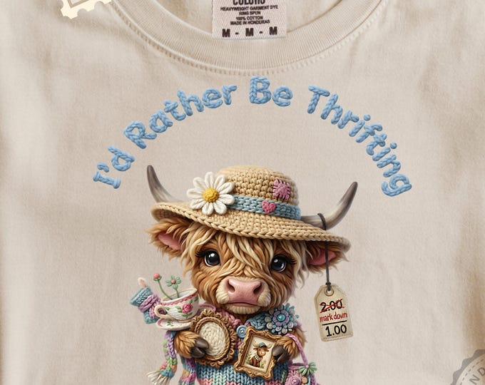 Highland Cow Thrifting PNG | Cottagecore Grannycore Sublimation | Retro “I’d Rather Be Thrifting” Cow | Grandmillennial Cute Cow PNG