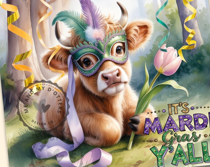 Mardi Gras Highland Cow 20oz Seamless Skinny Tumbler Wrap | Sublimation Design | PNG Digital Download