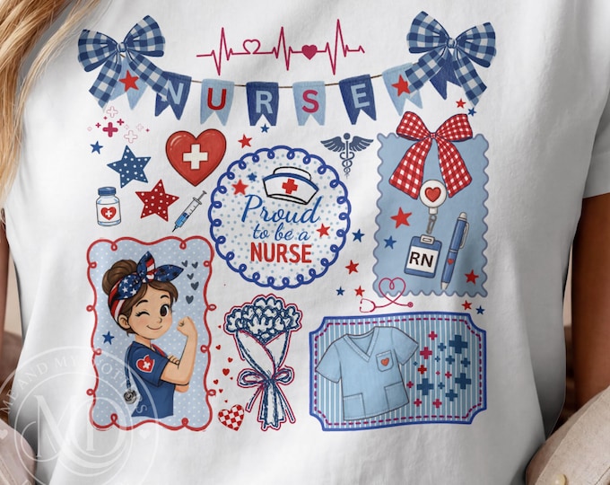 Nurse Doodle-Style Collage PNG - Cottagecore Patriotic Nurse PNG, 4th of July Nurse Sublimation Design, Medical PNG Download
