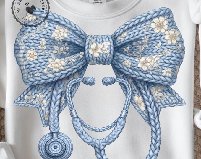 Chinoiserie, Floral Bow with Stethoscope PNG | Light Blue, Medical Sublimation Design | Nurse Doctor Healthcare| Faux Yarn Coquette Bow