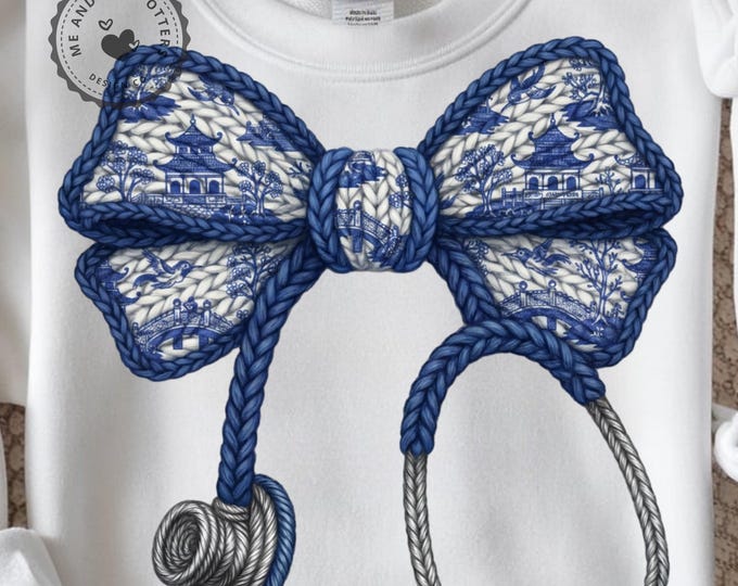 Blue Chinoiserie Bow with Stethoscope PNG | darkt Blue, Medical Sublimation Design | Nurse Doctor Healthcare| Faux Yarn Coquette Bow
