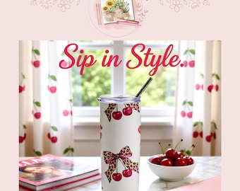 Fun Coquette Cherry and Leopard Tumbler Wrap | Skinny 20 oz Tumbler Design | Set of 2 | Sublimation - PNG