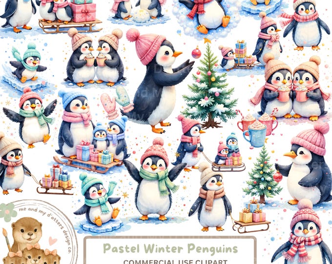 Pastel Winter Penguin Clipart: Holiday Accessories (PNG Files)