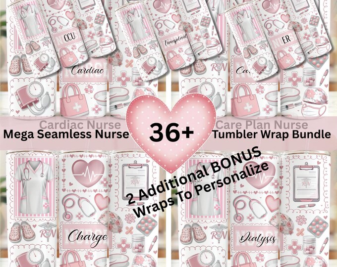 Nurse Tumbler Wrap Bundle for POD - Personalize | 36 Medical PNG Wraps | Commercial Use Sublimation | 20oz Skinny | Ready to Print