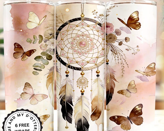 Seamless Boho Dream Catcher Tumbler Wrap PNG, 20oz Skinny Wrap, Dreamcatcher, Feathers and butterflies Sublimation Design,6 Bonus Wraps)