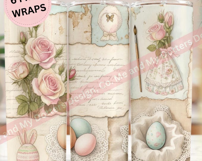 Pretty Pastel Easter, Scrapbook-Aesthetic Tumbler Wrap PNG | Cottagecore Spring Sublimation, | Seamleass PNG | 6 BONUS Wraps